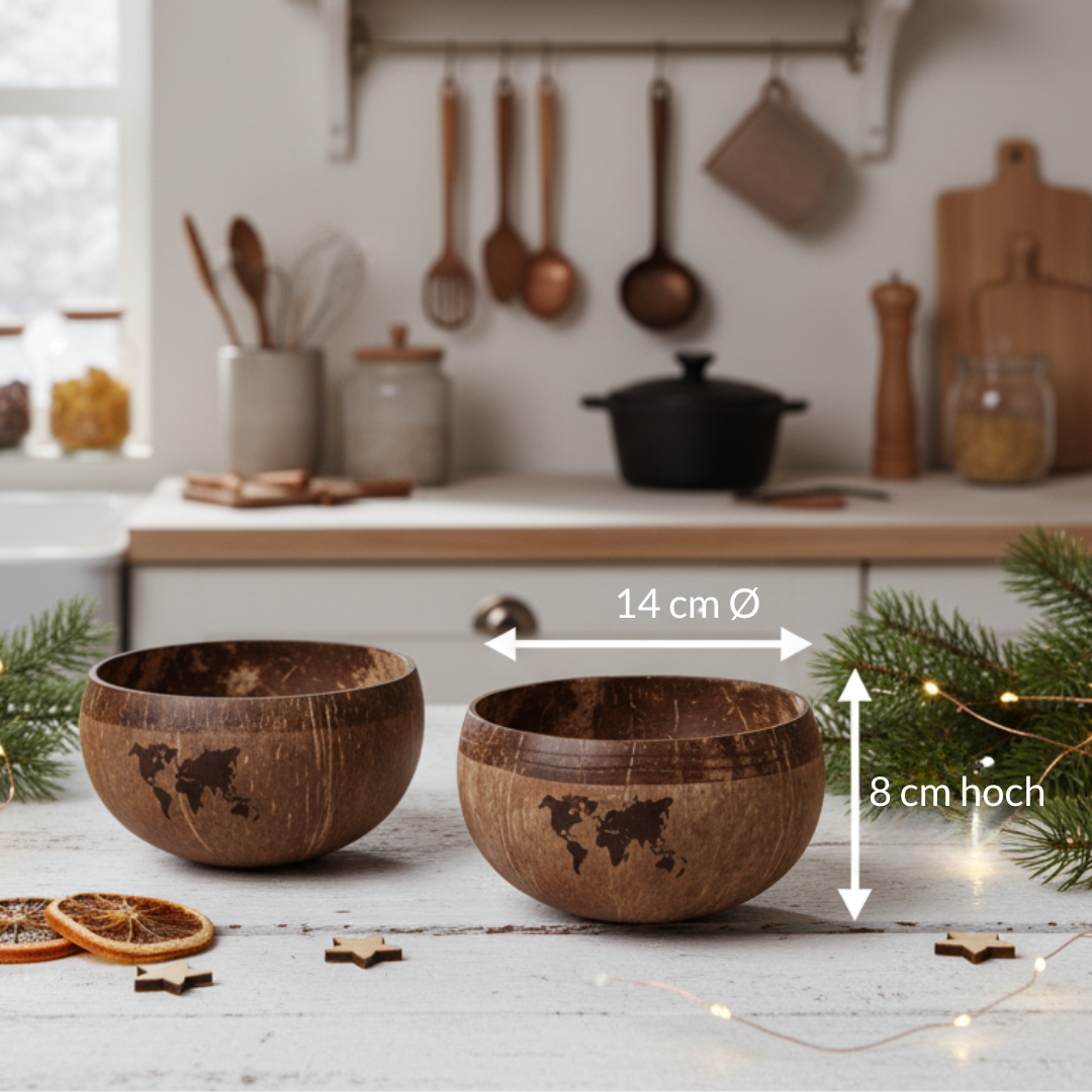 Jumbo Kokosnuss Schale ONE WORLD im 2er Set inkl. 2 Kokosholzlöffel und 2 Untersetzer – Bild 2