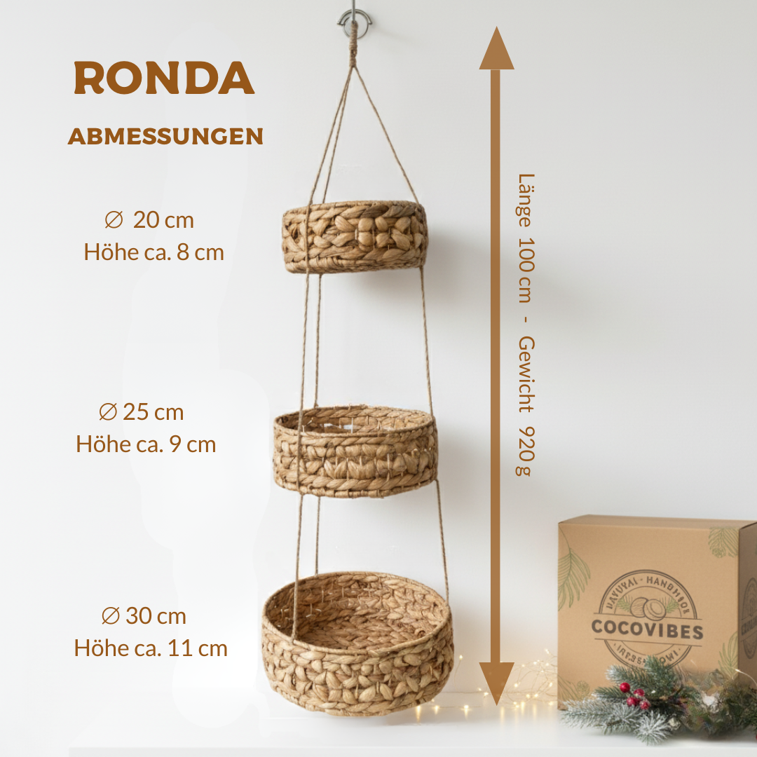 Hängekorb RONDA mit 3 Körben aus Wasserhyazinthe / Obstkorb / Hänge-Etagere rund 30+25+20 cm – Bild 2