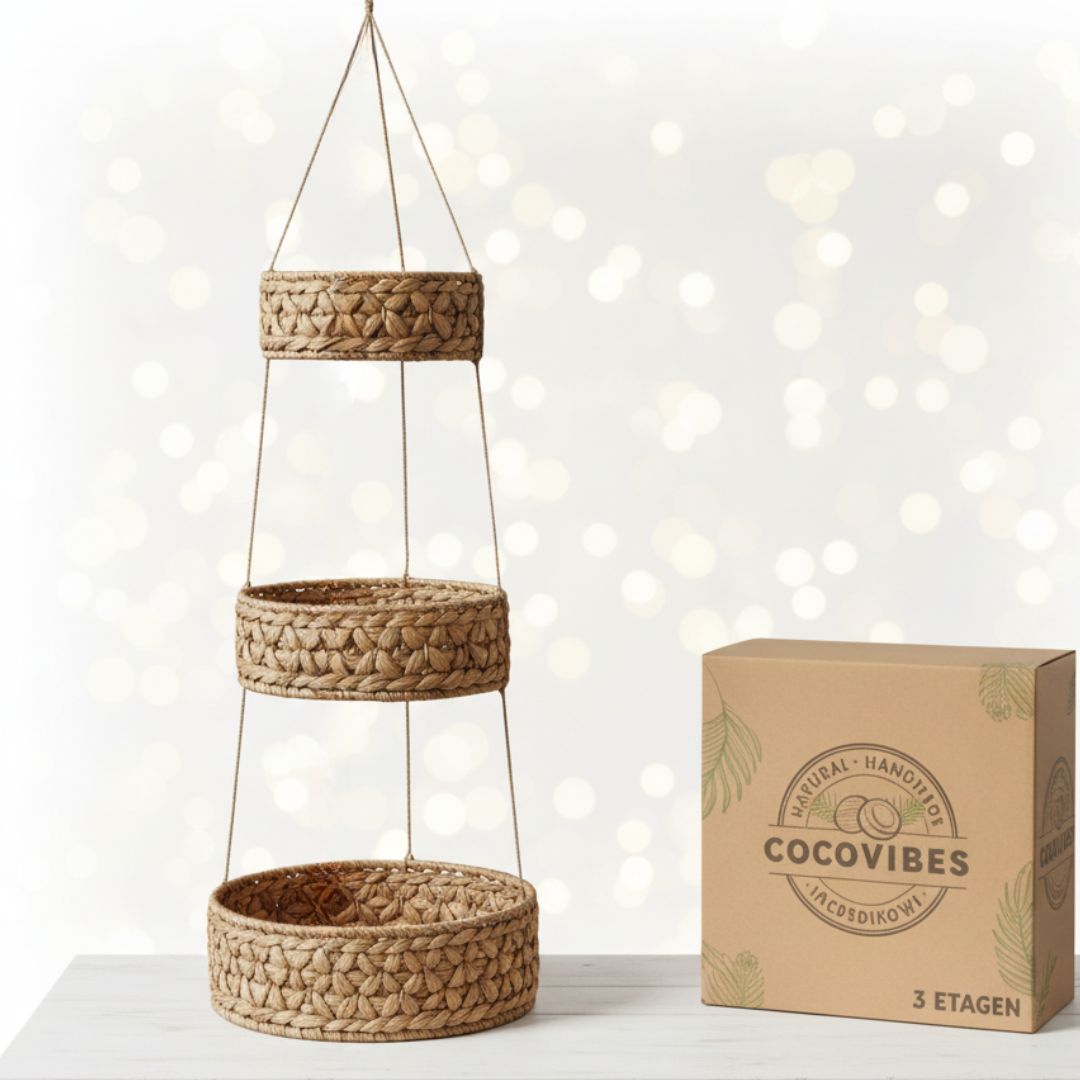 Hängekorb RONDA mit 3 Körben aus Wasserhyazinthe / Obstkorb / Hänge-Etagere rund 30+25+20 cm