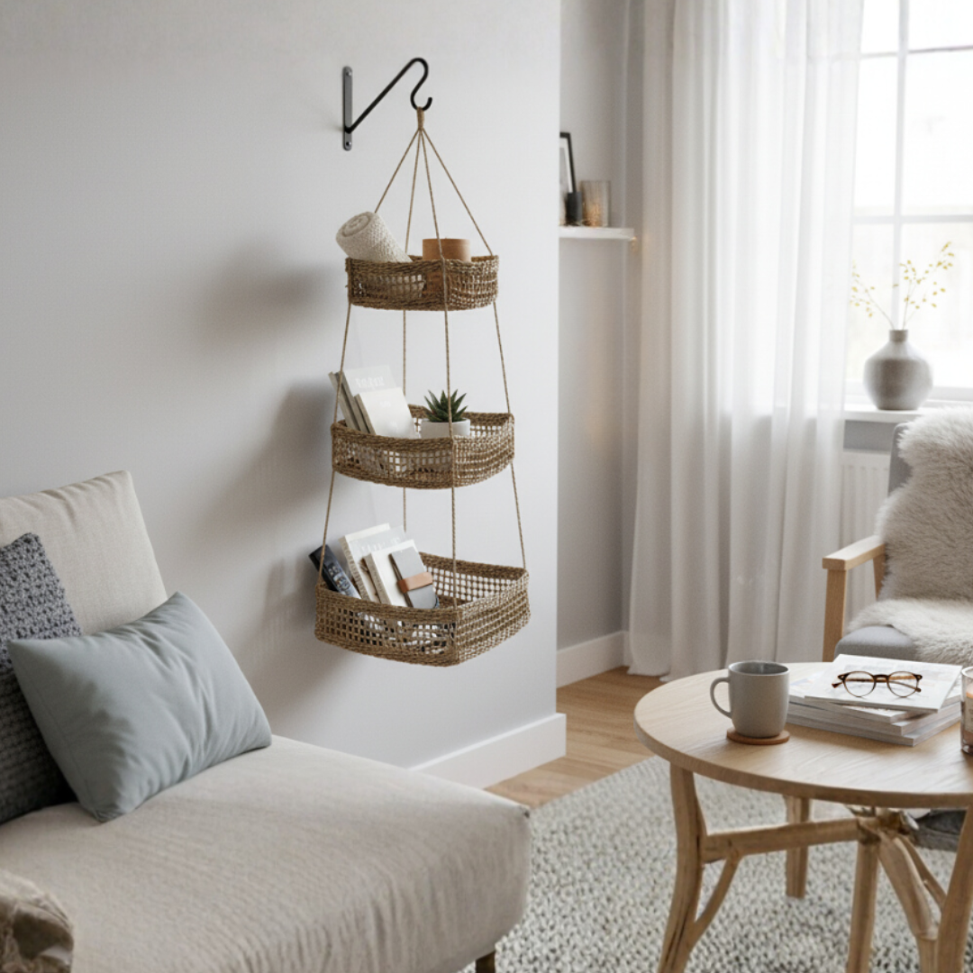 Hängekorb KAYA mit 3 Körben aus Seegras / Obstkorb / Hänge-Etagere quadratisch 32+28+22 cm – Bild 4