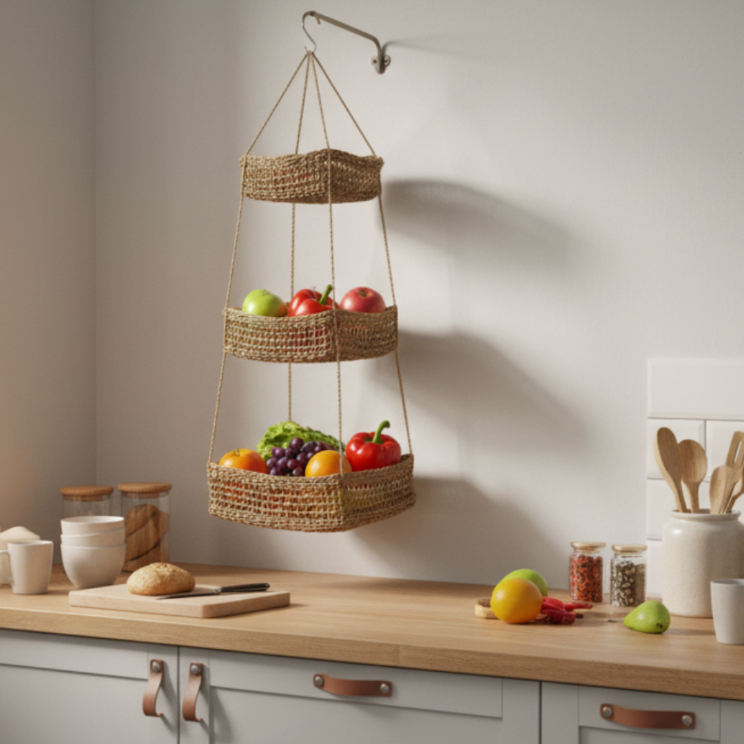 Hängekorb KAYA mit 3 Körben aus Seegras / Obstkorb / Hänge-Etagere quadratisch 32+28+22 cm – Bild 3