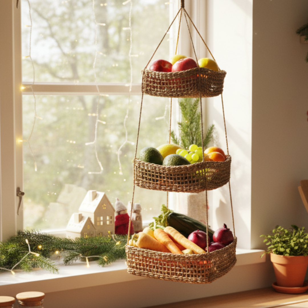 Hängekorb KAYA mit 3 Körben aus Seegras / Obstkorb / Hänge-Etagere quadratisch 32+28+22 cm – Bild 7