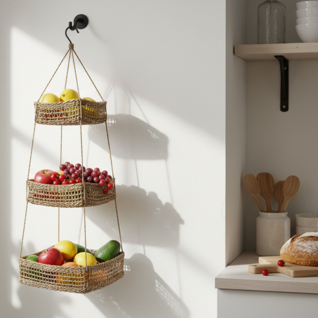 Hängekorb KAYA mit 3 Körben aus Seegras / Obstkorb / Hänge-Etagere quadratisch 32+28+22 cm – Bild 5