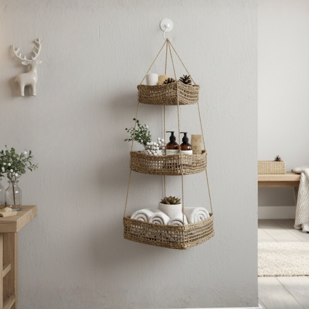 Hängekorb KAYA mit 3 Körben aus Seegras / Obstkorb / Hänge-Etagere quadratisch 32+28+22 cm – Bild 9