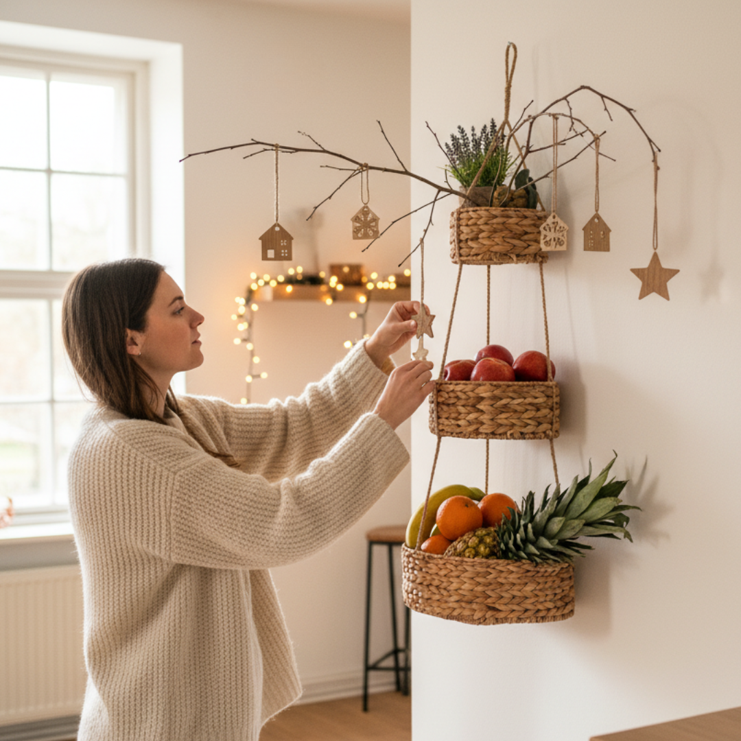 Hänge-Wandkorb WANDA mit 3 Körben aus Wasserhyazinthe / Obstkorb / Hänge-Etagere rund 30+23+18 cm, 90 cm lang – Bild 3
