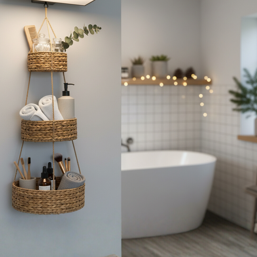 Hänge-Wandkorb WANDA mit 3 Körben aus Wasserhyazinthe / Obstkorb / Hänge-Etagere rund 30+23+18 cm, 90 cm lang – Bild 8