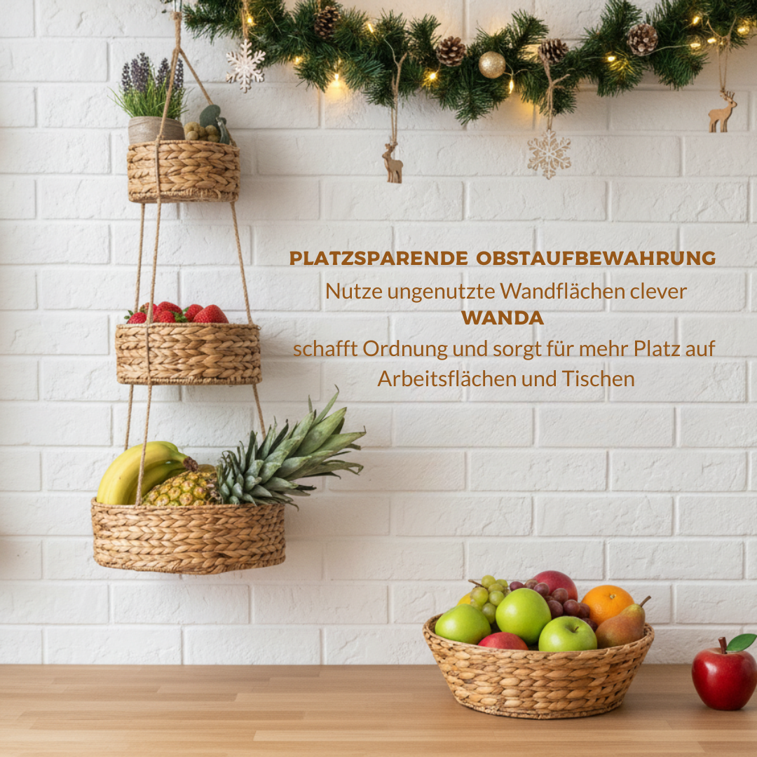 Hänge-Wandkorb WANDA mit 3 Körben aus Wasserhyazinthe / Obstkorb / Hänge-Etagere rund 30+23+18 cm, 90 cm lang – Bild 4