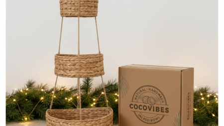 Hänge-Wandkorb WANDA mit 3 Körben aus Wasserhyazinthe / Obstkorb / Hänge-Etagere rund 30+23+18 cm, 90 cm lang