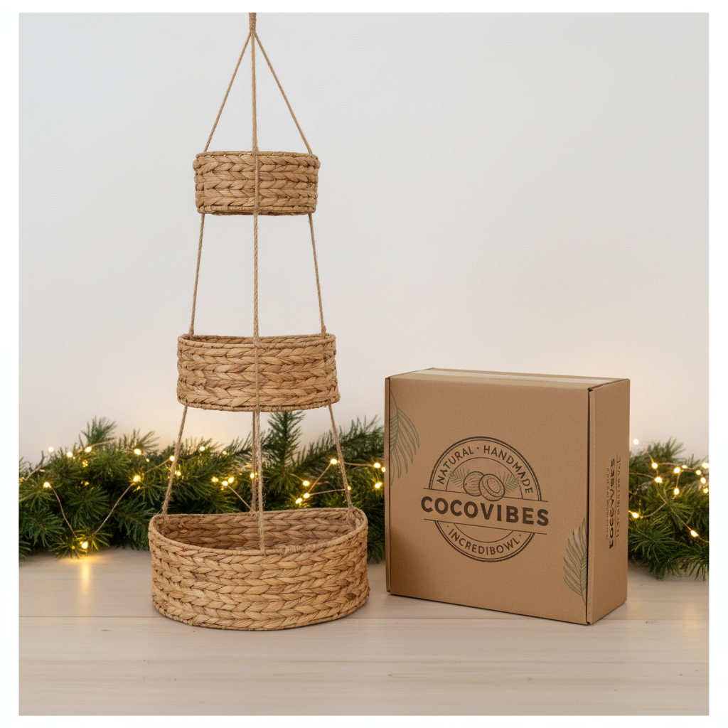 Hänge-Wandkorb WANDA mit 3 Körben aus Wasserhyazinthe / Obstkorb / Hänge-Etagere rund 30+23+18 cm, 90 cm lang