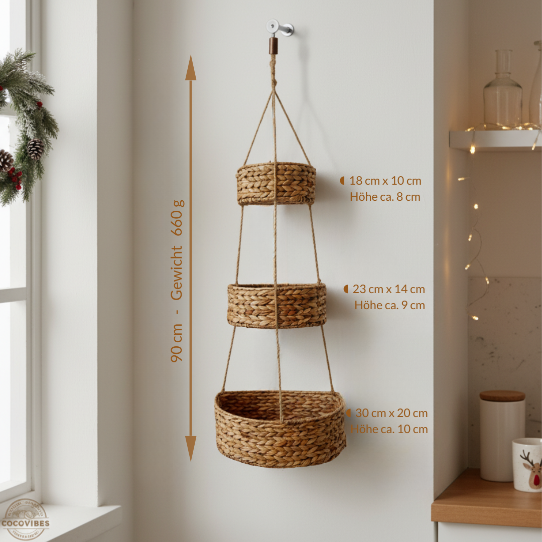 Hänge-Wandkorb WANDA mit 3 Körben aus Wasserhyazinthe / Obstkorb / Hänge-Etagere rund 30+23+18 cm, 90 cm lang – Bild 2
