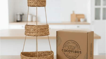 Hänge-Wandkorb WANDA mit 3 Körben aus Wasserhyazinthe / Obstkorb / Hänge-Etagere rund 30+23+18 cm, 90 cm lang