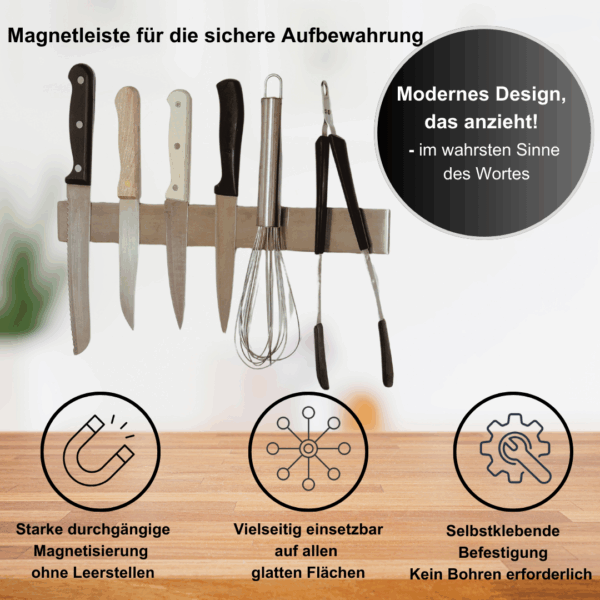 Messerleiste LEILA aus Edelstahl ohne Bohren mit extra starken Magneten, 40 cm lang – Bild 3