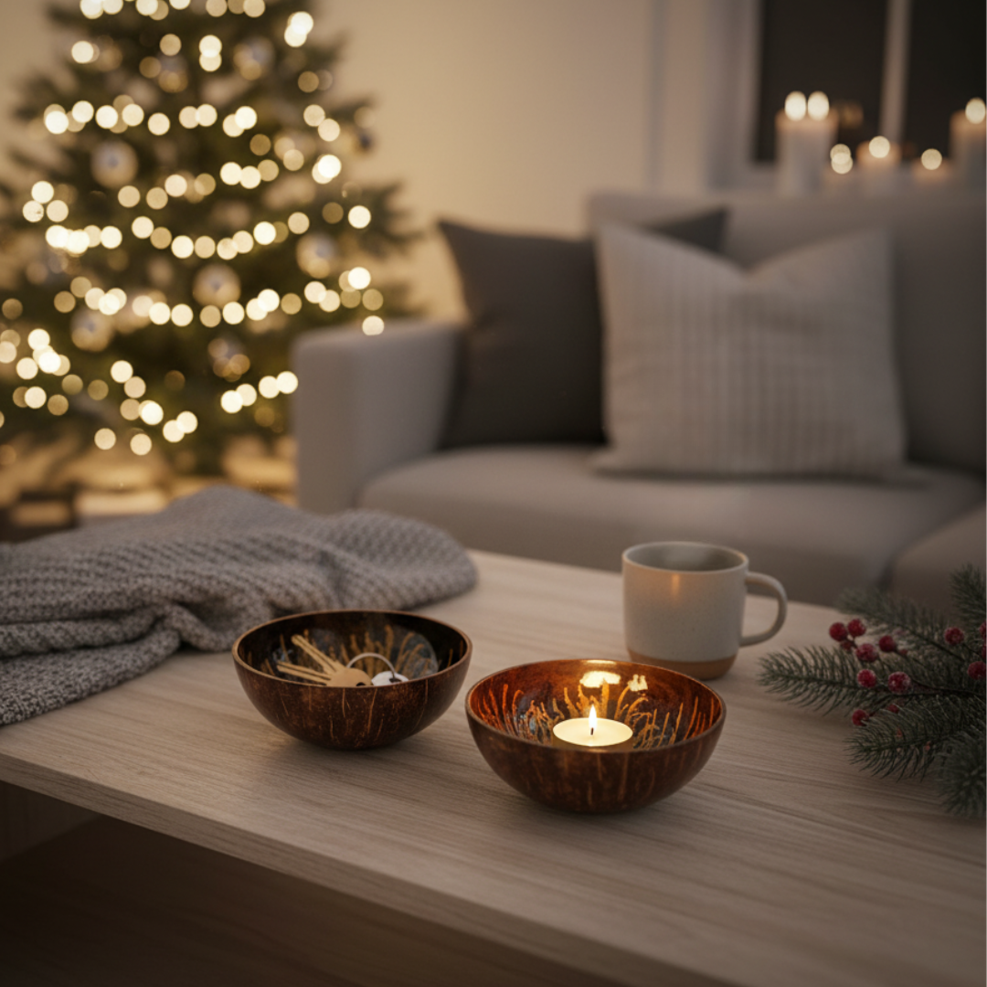 Kokosnuss Schale AMBER im 2er-Set Splash gold inkl. 2 Untersetzer aus Kokosfasern – Bild 4