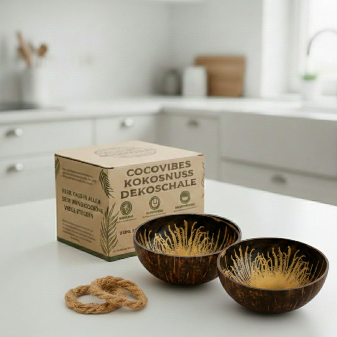 Kokosnuss Schale AMBER im 2er-Set Splash gold inkl. 2 Untersetzer aus Kokosfasern